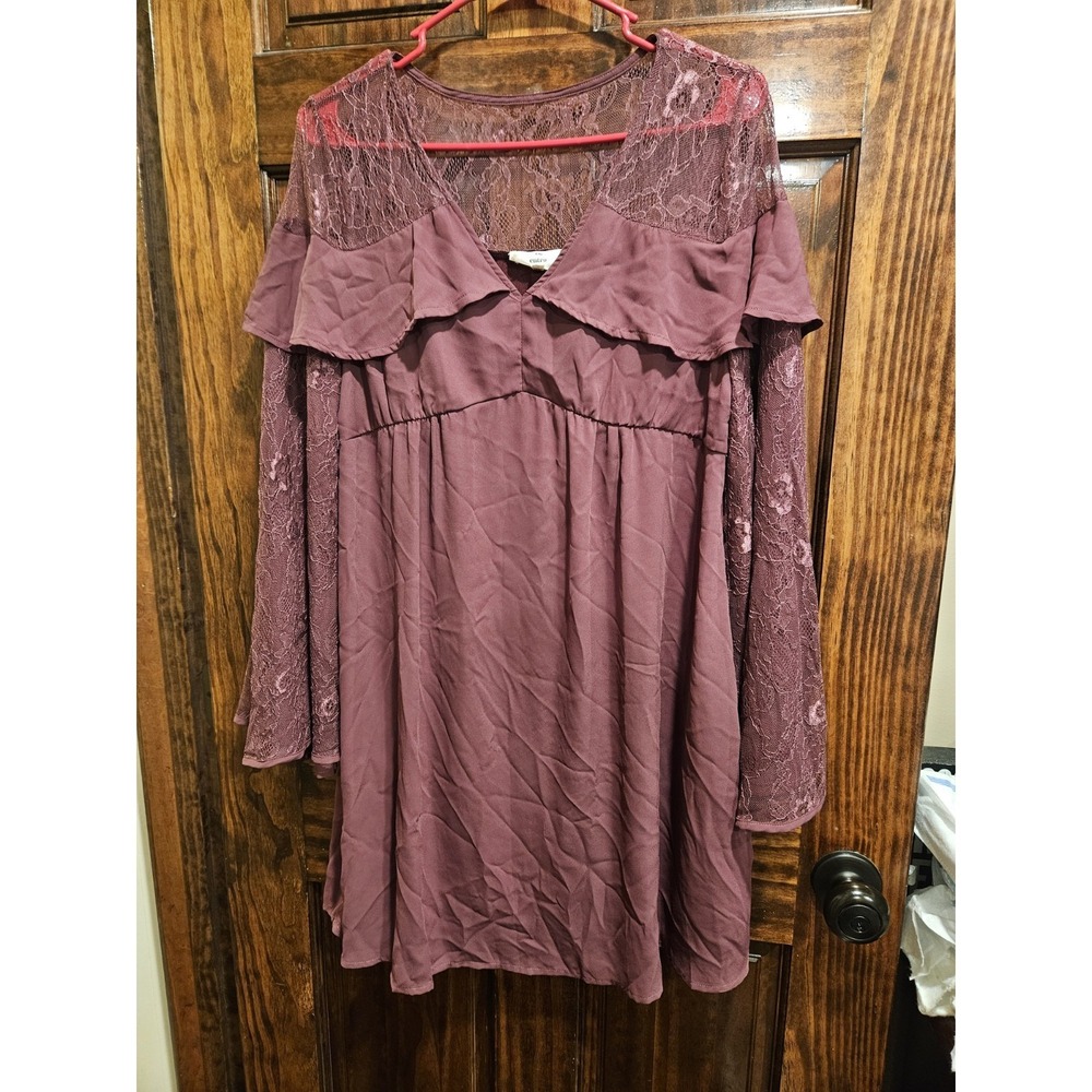 Entro Small Cottagecore Fairy Burgundy Smock Mini Dress Lace Ruffle Bell Sleeve